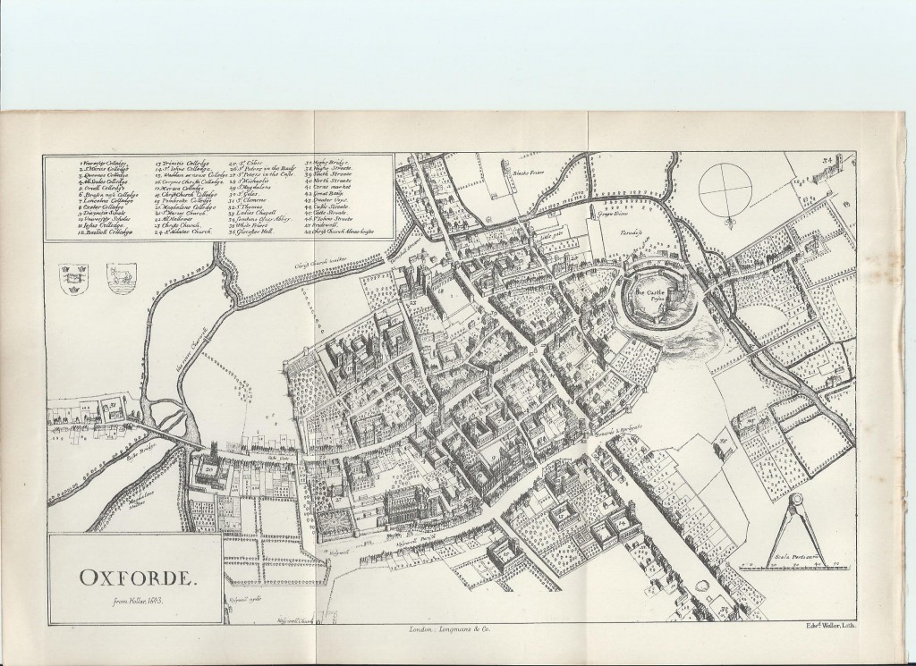Old map of Oxford University and town dated 1643 17th Century