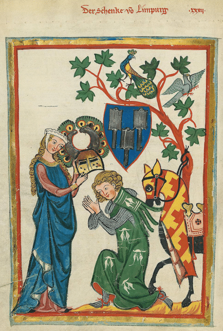 Konrad von Limpurg as a knight being armed by his lady in the Codex Manesse (early 14th century)